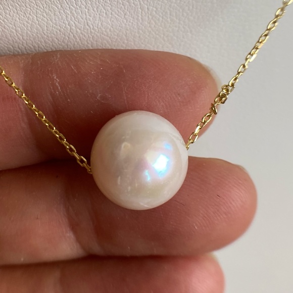 **SOLD** 12mm White Cultured Pearl Floating 14K Gold Plated 925 Silver - Picture 3 of 5